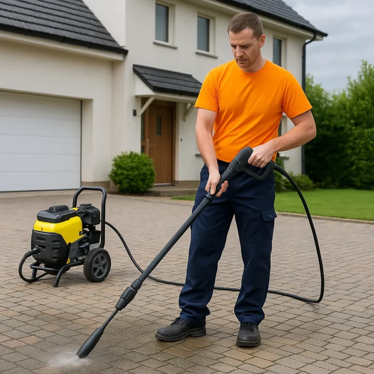 Profesjonalny pracownik Clean Space myjący podjazd przy użyciu myjki ciśnieniowej.