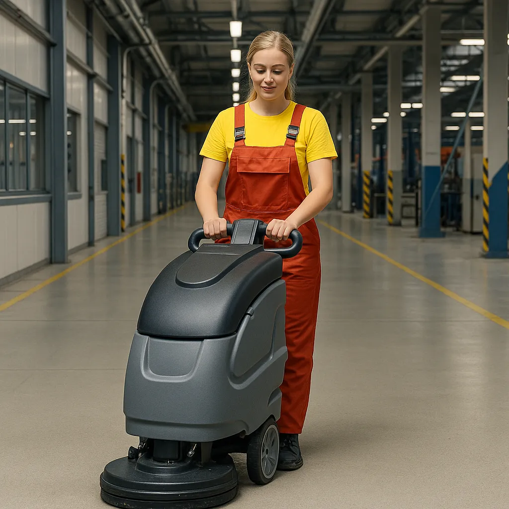 Mężczyzna obsługujący automatyczną maszynę czyszczącą podłogę w dużej hali produkcyjnej – profesjonalne czyszczenie przemysłowe z Clean Space.