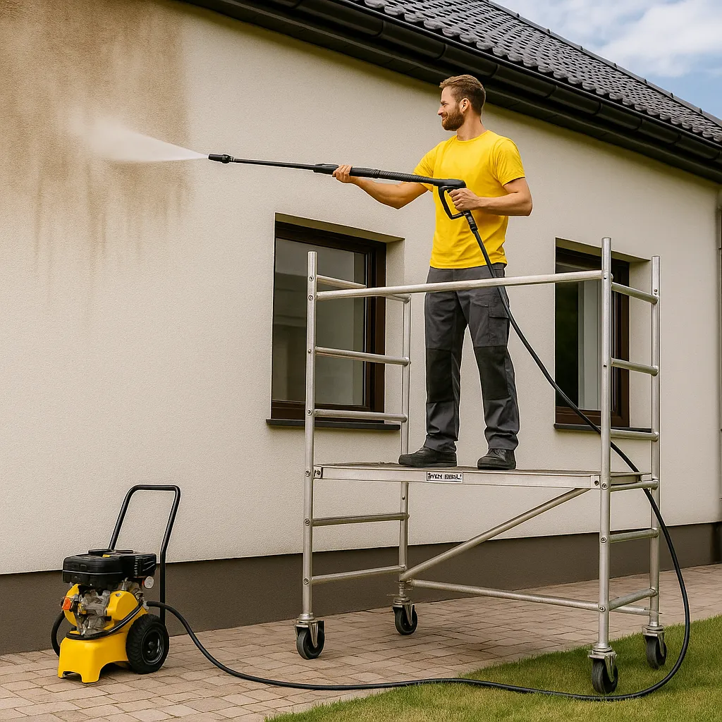 Pracownik Clean Space myje elewację budynku za pomocą myjki ciśnieniowej, stojąc na drabinie.