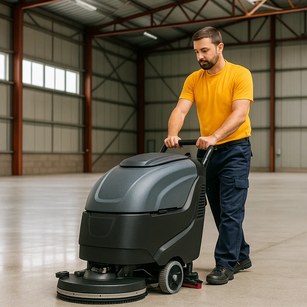 Pracownik porządkowy firmy Clean Space sprząta powierzchnię magazynową