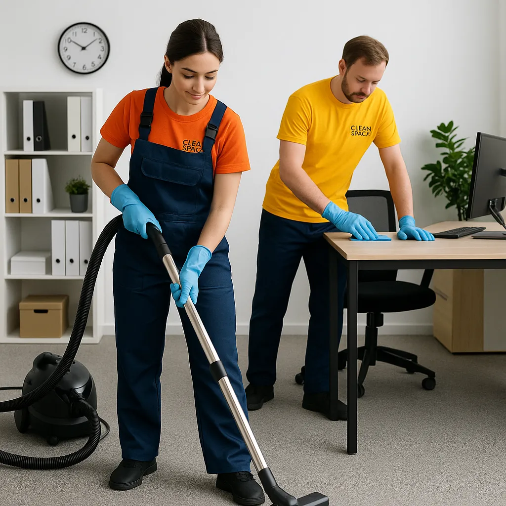 Clean Space – profesjonalne sprzątanie biur, zespół sprzątający dokładnie czyści nowoczesne biuro.