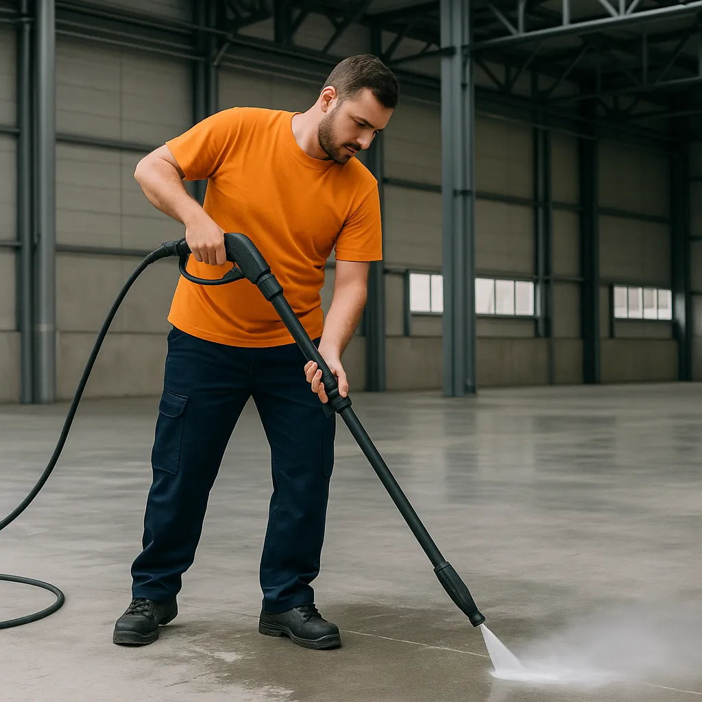 pracownik Clean Space czyści plamę po oleju przy pomocy turbo dyszy