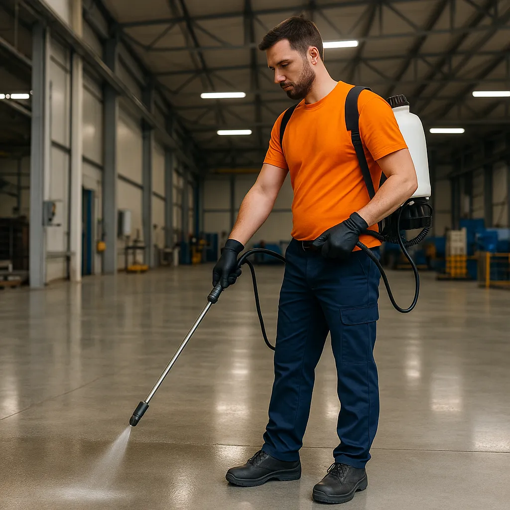 Pracownik Clean Space impregnuje posadzkę w budynku magazynowym